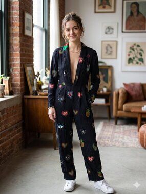 FARM RIO Black Embroidered Icon Heart Pineapple Jumpsuit Size Small